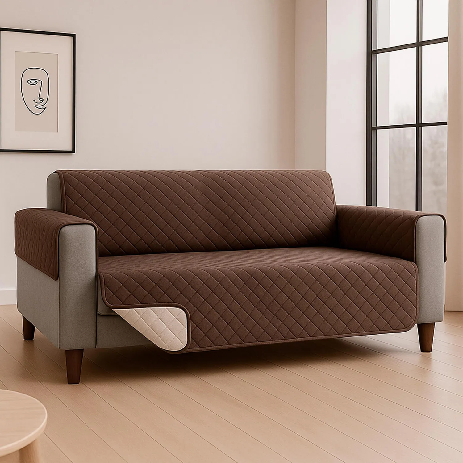 Protector de Sofá Doble Faz 3 Puestos Beige/Chocolate 180 x 180 cm
