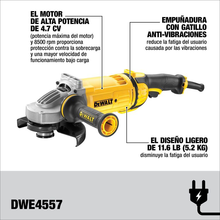 Pulidora Angular Industrial de 7 Pulgadas 2400W 8500RPM DWE4557-B3 Dewalt