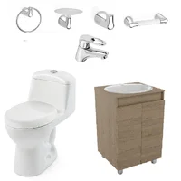 Combo Smart: Sanitario Smart Redondo Blanco De Una Pieza + Mueble Esencial A Piso De 55 Cm, Con Lavamanos Marcella + Grifería Koral + Accesorios Ródano 4 Piezas Corona