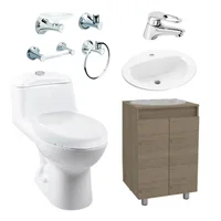 Corona Combo Smart: Sanitario Smart Redondo Blanco De Una Pieza + Mueble Esencial A Piso De 55 Cm, Con Lavamanos Marcella + Grifería Koral + Accesorios Ródano 4 Piezas Corona