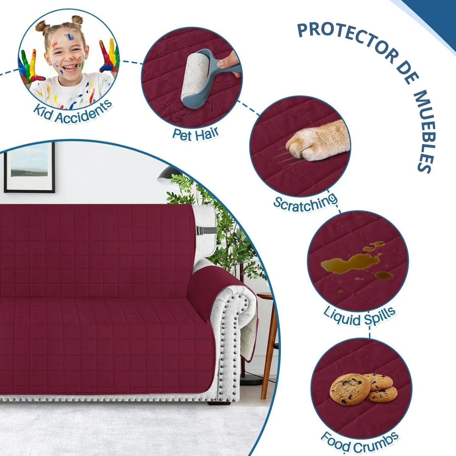Protector De Sofá Para Mascotas Doble Faz Vinotinto-Camel 2 Puestos 7