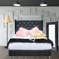 Combo Lujo Essencial Semidoble 120x190cm Cuero Sintético Negro (Base Cama + Cabecero + Colchón Plus + Espejo Tipo Capitonado)