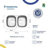 Lavaplatos Doble 2C 34 BL Tramontina Prime Isis en Acero Inoxidable 304 Cepillado 77 x 45 cm