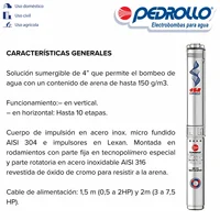 Electrobomba Sumergible Lapicero 4 Pulgadas 7.5 Hp 7½ Hp 440V Trifásica 4SR90G/75TP Pedrollo