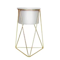 Base Con Patas Para Matera Metal Piramidal Oro 31X80X40Cm + Matera Blanco