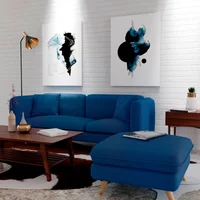 Sofá Classic 3 Puestos 180x80x72 + Puff 54x54x42 Tela Azul