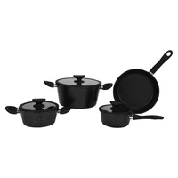 Juego de Ollas Batería de Cocina en Aluminio 7 Piezas Negro Antiadherente con 3 Tapas de Vidrio Ring Just Home Collection
