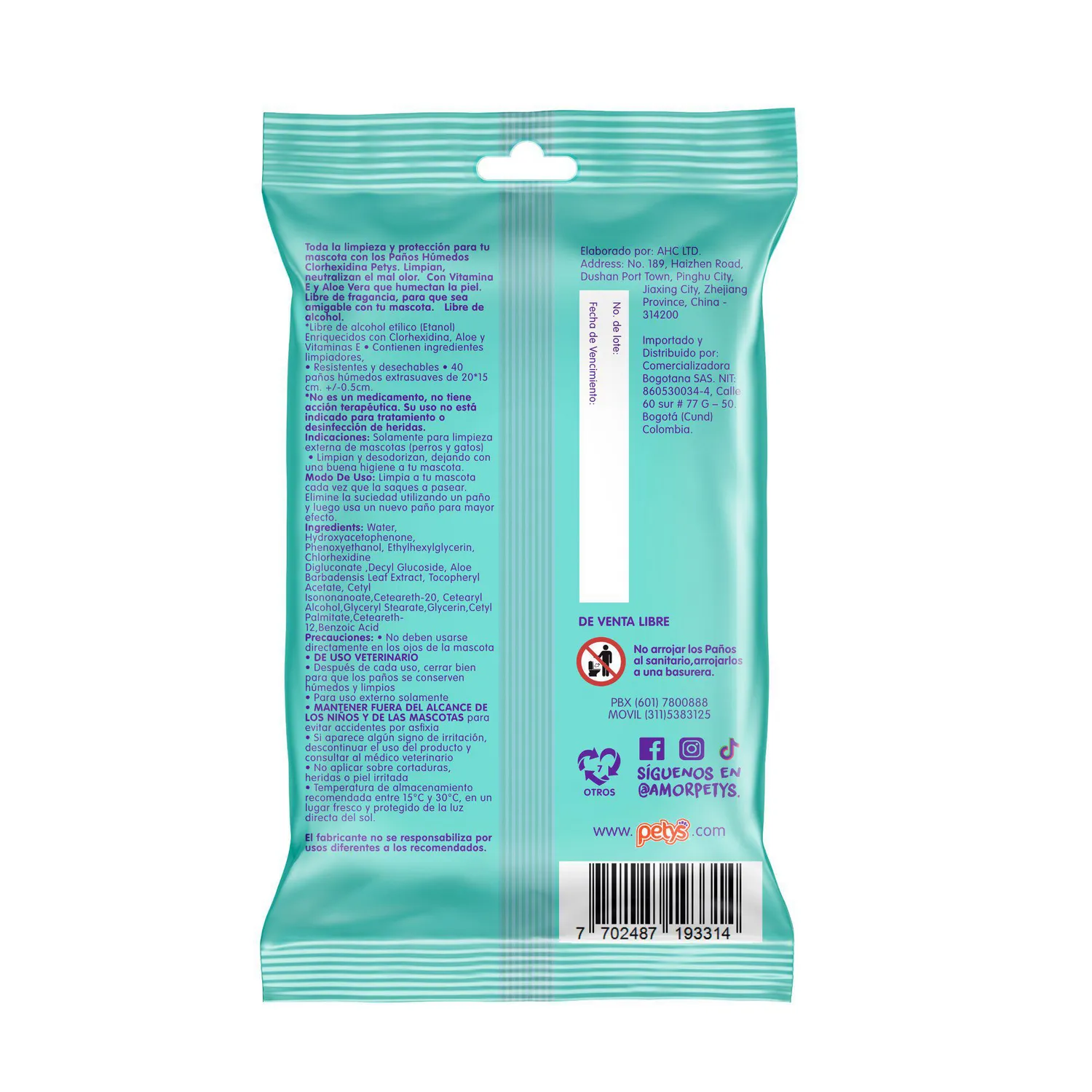 Paños Húmedos Para Perro Con Clorhexidina Petys x 40Und