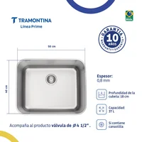 Lavaplatos Rectangular 50 BL R6 Tramontina Prime Dora en Acero Inoxidable 304 Satinado 50x40 cm