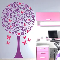 Vinilo Árbol con Flores y Mariposas 120x70
