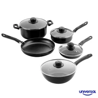 Juego de Ollas Batería de Cocina 7 Piezas Negro Antiadherente + Wok 24cm con Tapa de Vidrio Universal