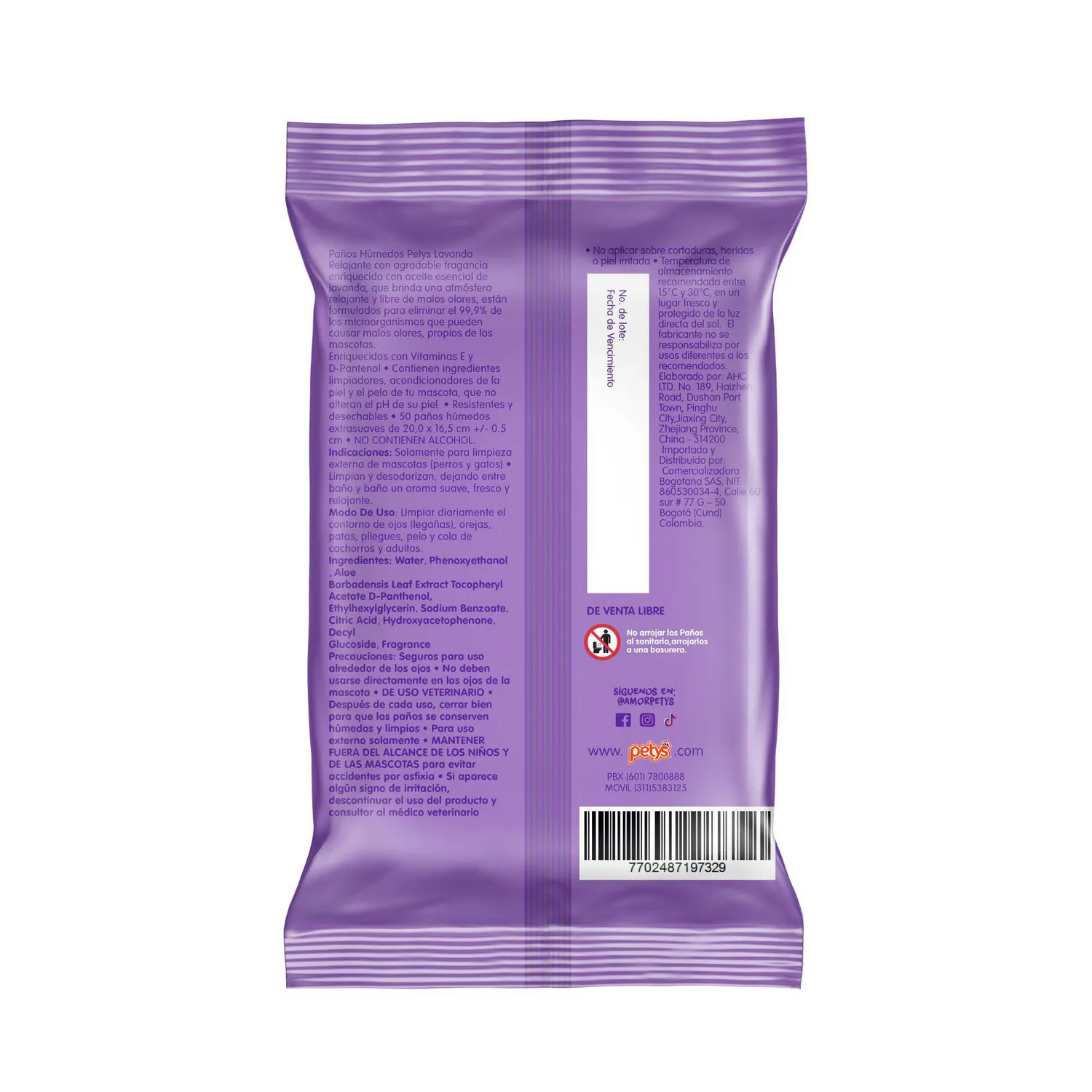Paños Húmedos para Perro Lavanda Petys x 50 Unidades