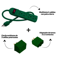 Halux Kit Multitoma 4Sal Polo A Tierra+Clavija Multitoma Polarizada 3 Sal + Adaptador De 3 A 2 Verde