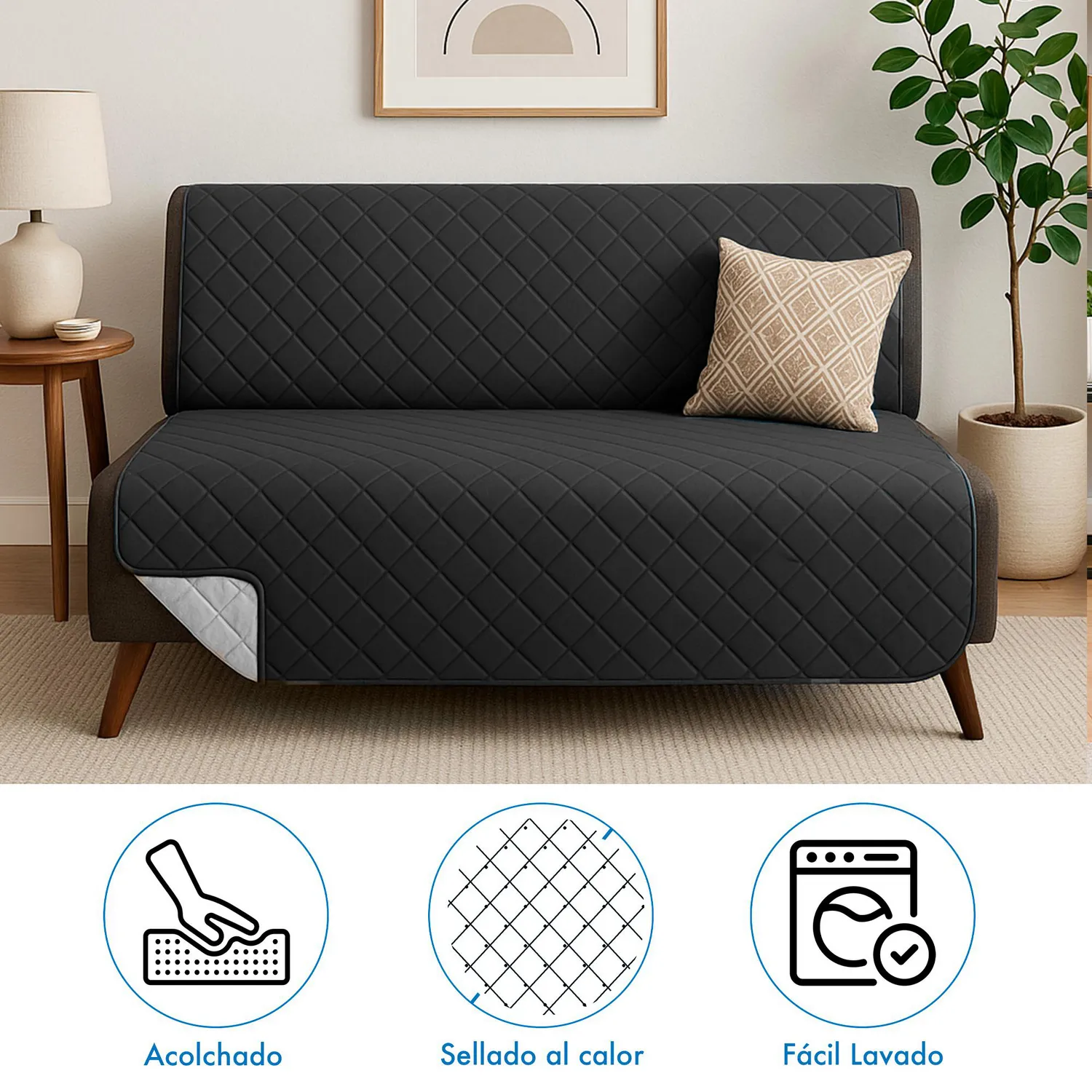 Protector de Sofá Cama 3 puestos Sin Brazos Gris/Negro 180 x180 cm 15