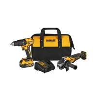 Combo Brushless 20V Máx Taladro Atornillador De Impacto 1/2 pulg + Esmeriladora Angular 4.5 pulg + Batería 5Ah + Cargador + Bolso De Lona Dewalt