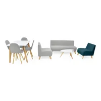 Sala Oslo + Comedor Lugo Matiz Tela Plata Azul