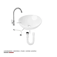 Combo Lavamanos Ovalado+Grifería Acero Inox+Push+Sifon+Acople