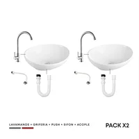 Combo Packx2 Lavamanos Ovalado+Griferia Acero Inox+Push+Sifon+Acople
