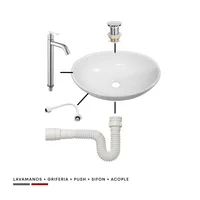 Combo Lavamanos Ovalado +Griferia Agua Fria Acero Inox + Push + Sifon Flexible +Acople