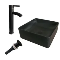 Kit Lavamanos Sobreponer Bari Negro Cuadrado+Grifería Negra+Desague Lujo