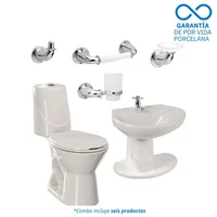 Combo Happy : Sanitario Happy Redondo Bone De 2 Piezas + Lavamanos Happy Con Semi Pestal Happy + Grifería Balta Cruceta + Accesorios Cromados Happy 4 Piezas Corona