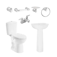 Combo Mantial: Sanitario Manantial Alongado Blanco De 2 Piezas + Lavamanos Manantial Con Pedestal + Grifería Nogal  4 Pulgadas + Kit Accesorios Nogal  Cromados 4 Piezas Corona