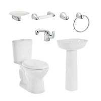 Combo Aluvia: Sanitario Aluvia  Plus Redondo Blanco De 2 Piezas + Lavamanos  Aluvia Con Pedestal + Grifería Monocontrol Aluvia+Kit Accesorios Cromados Aluvia X 4 Piezas Corona
