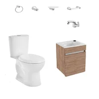 Combo Aluvia: Sanitario Aluvia Redondo Blanco de 2 piezas+ Mueble Aluvia Elevado Miel de 40 cm con Lavamanos + Griferia Aluvia Monocontrol + Kit de Accesorios Aluvia x 4 Piezas Corona