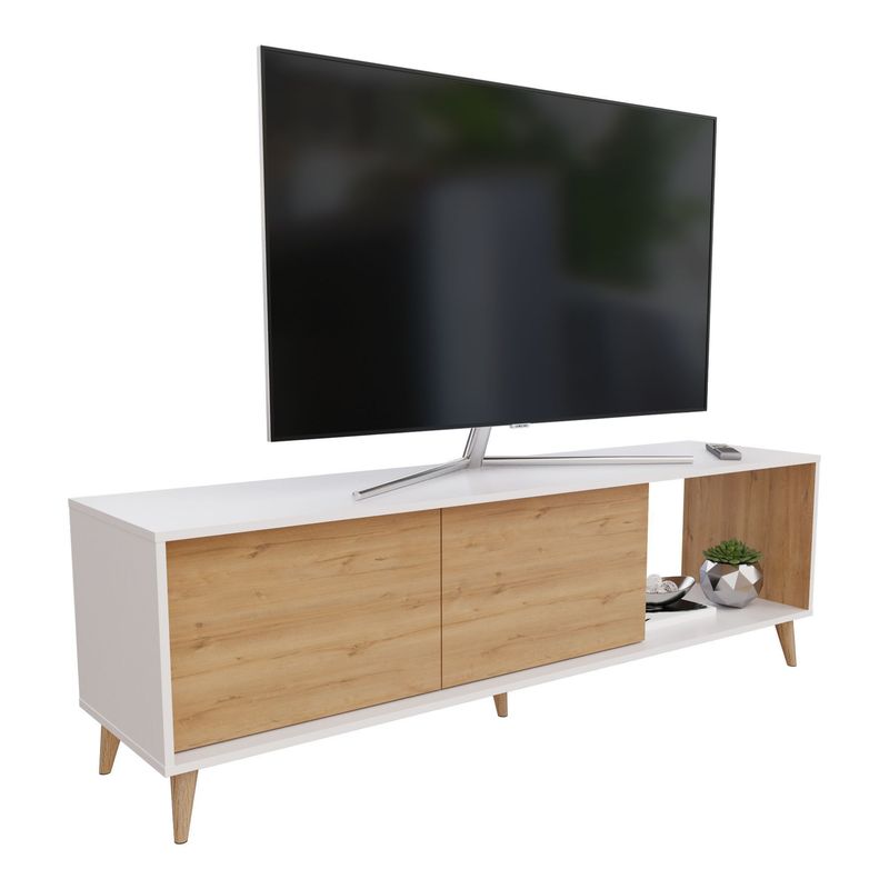 Arena Blanca Vladon Mueble TV Movie, Cómoda TV Con 4 Compartimentos Abiertos Y Franjas Decorativas, Blanco Mate/Roble áspero, Incluida La Iluminación LED Azul (134 X 29 X 39 Cm) : Vladon Mesas Para Tv