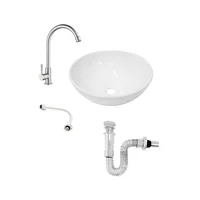 Combo Lavamanos Blanco Redondo 32*14 + Grifería Agua Fria Acero Inox +Push Con Sifón Integrado +Acople Pvc
