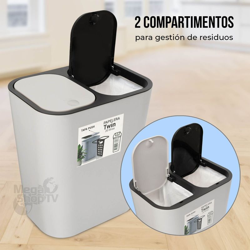 Cesto De Basura Compartimientos Sistema Push 20L Gris ENERGY