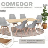 Comedor Madera Indika 30mm 160x80x75 Blanco + Silla Milano 85x39x46 Gris