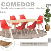 Comedor Indika Macadamia 30mm 160x80x75 Blanco + Silla Milano 85x39x46 Rojo