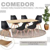 Comedor Indika Macadamia 15mm 160x80x75 Blanco + Silla Milano 85x39x46 Negro