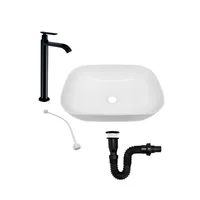 Combo Lavamanos Rectangular 40x30 + Grifería Fría Cascada +acople + Push con Sifón Negro