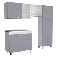 Just Home Collection Cocina Integral Ferretti 2.21 Metros Blanco/Gris Incluye Mesón Poceta Izquierda en Acero Inoxidable Just Home Collection