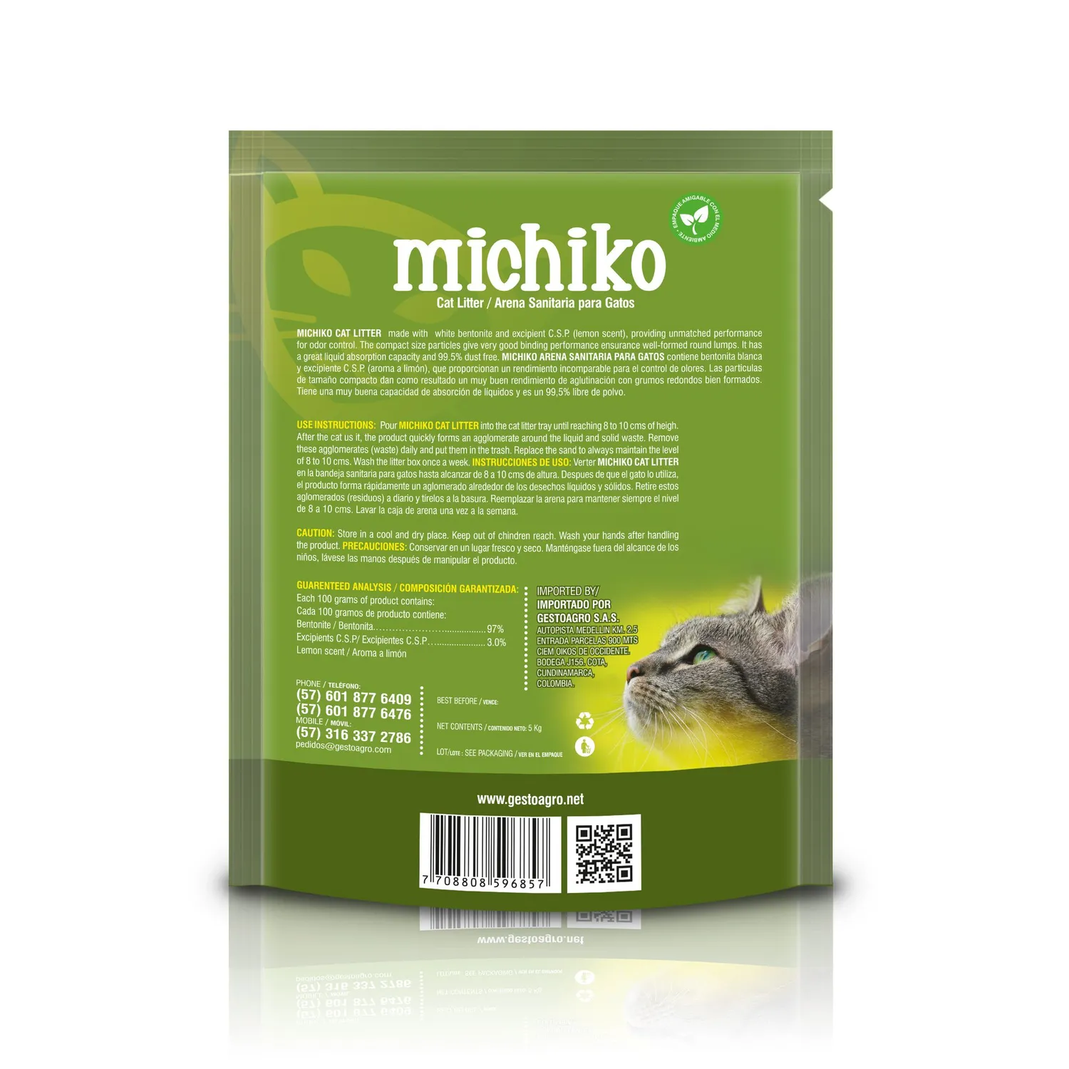 Arena Sanitaria para Gato Aglomerante Bentonita Michiko Limón 5 Kg