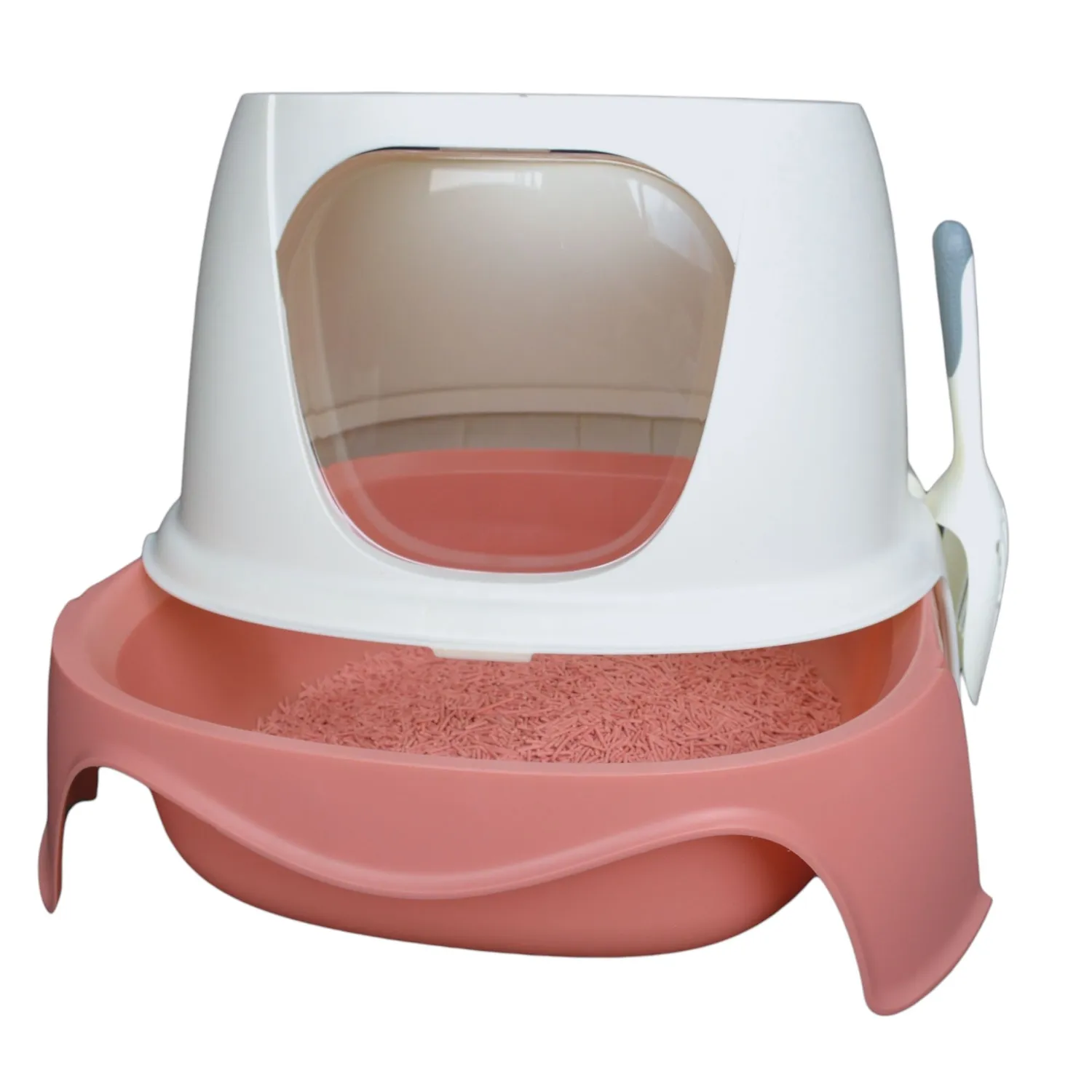 Arenera cubierta para gato plástica con puerta vaivén rosada 56*51*39cm colmascotas 6