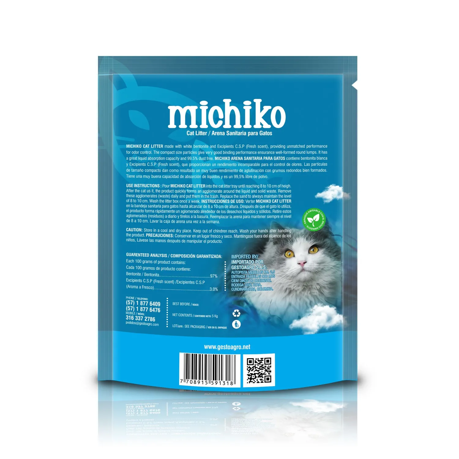 Arena Sanitaria para  Gato Aglomerante Bentonita Michiko Fresh 5 Kg