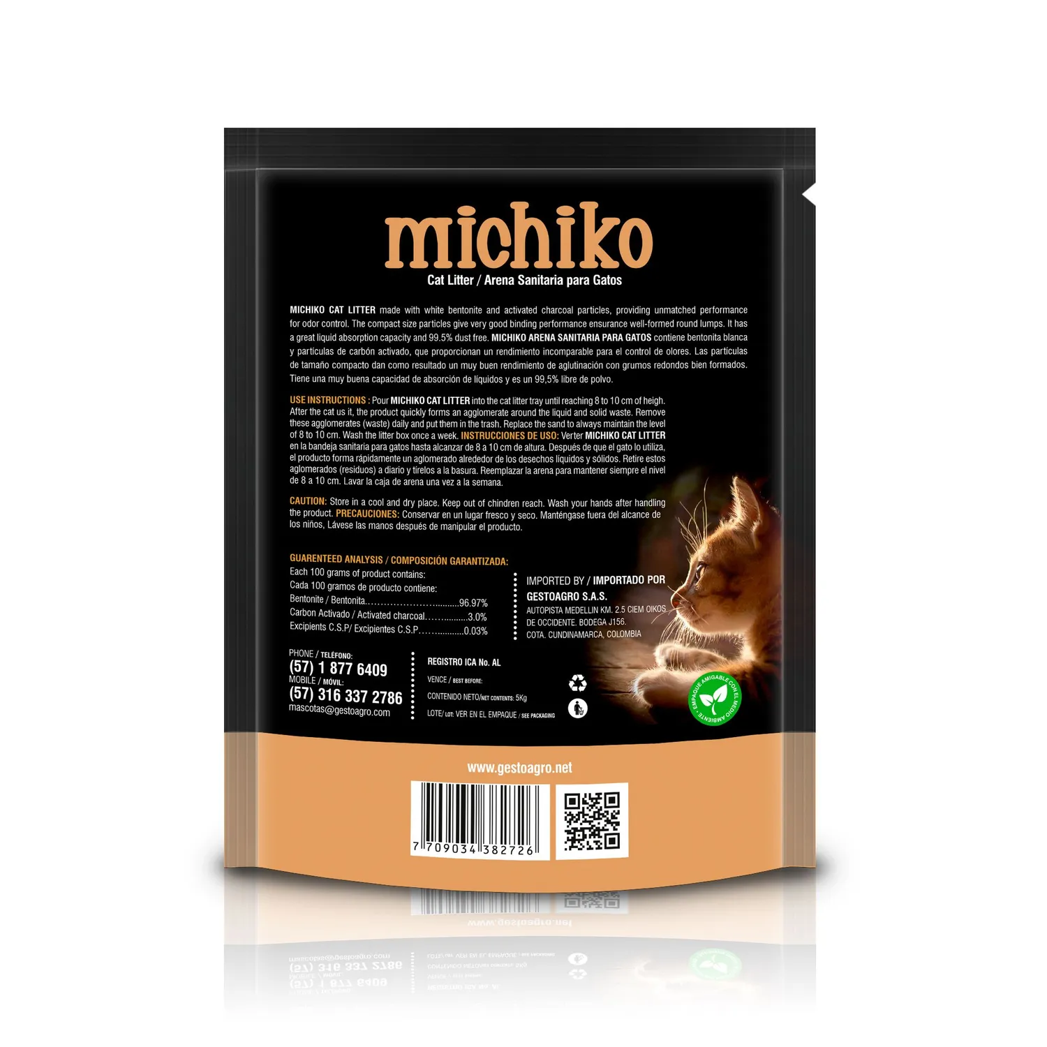 Arena Sanitaria para Gato Aglomerante Bentonita Michiko Carbón 5 Kg