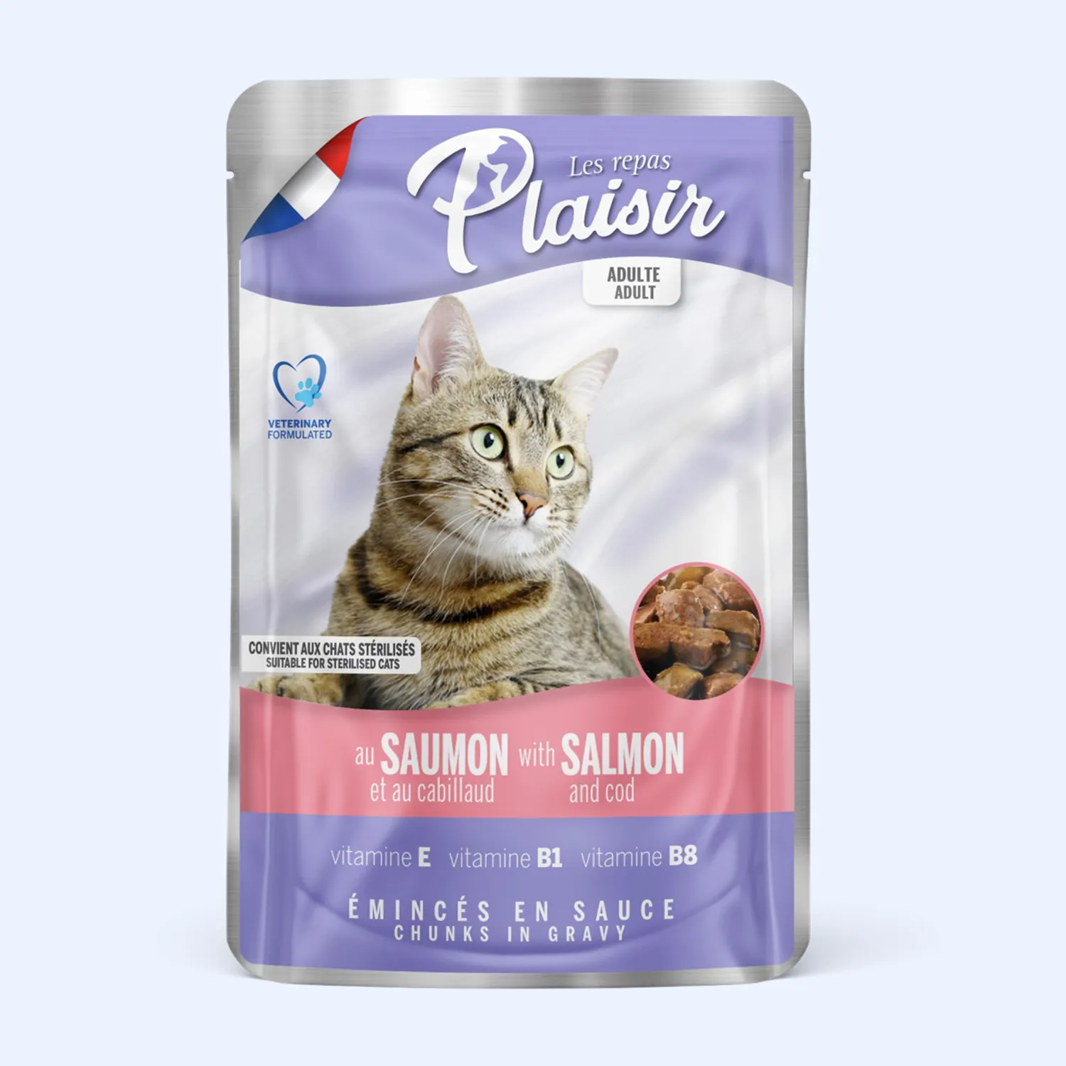 Comida Húmeda Para Gato Plasir Trozos De Salmón Y Bacalao 100gr