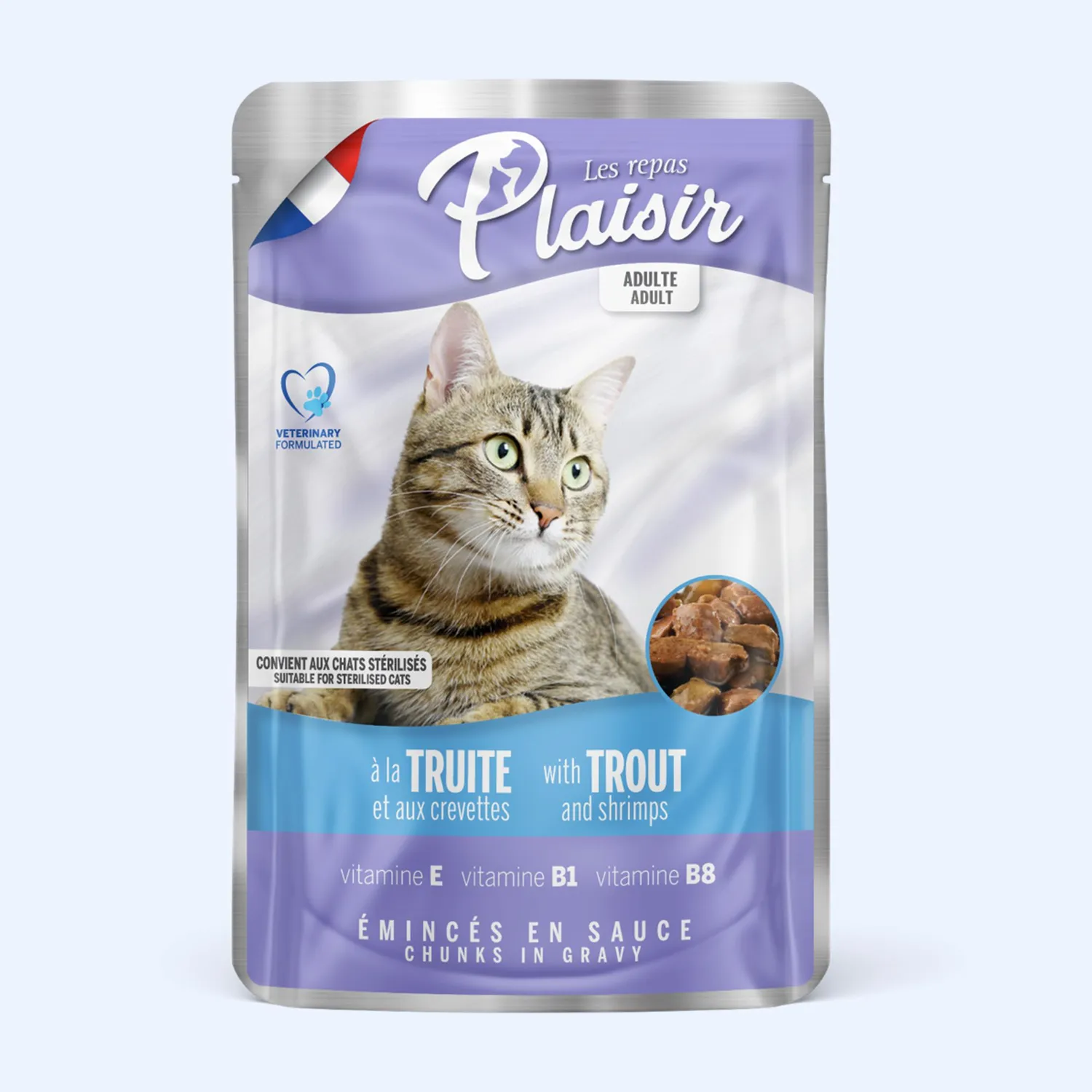 Comida Húmeda Para Gato Plasir Trozos De Trucha Y Camarón 100gr