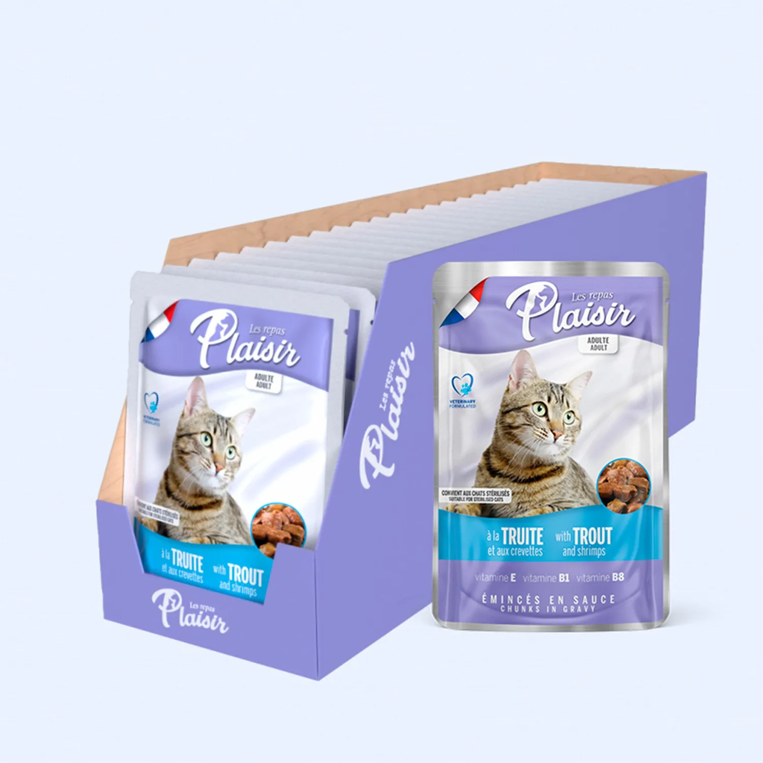 Comida Húmeda Para Gato Plasir Trozos De Trucha Y Camarón 100gr