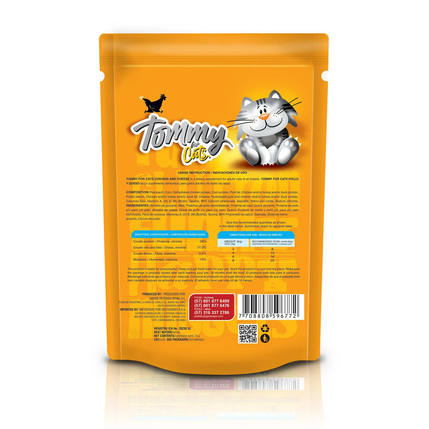Snack para gato tommy for cat nuggets sabor a pollo y queso 75gr