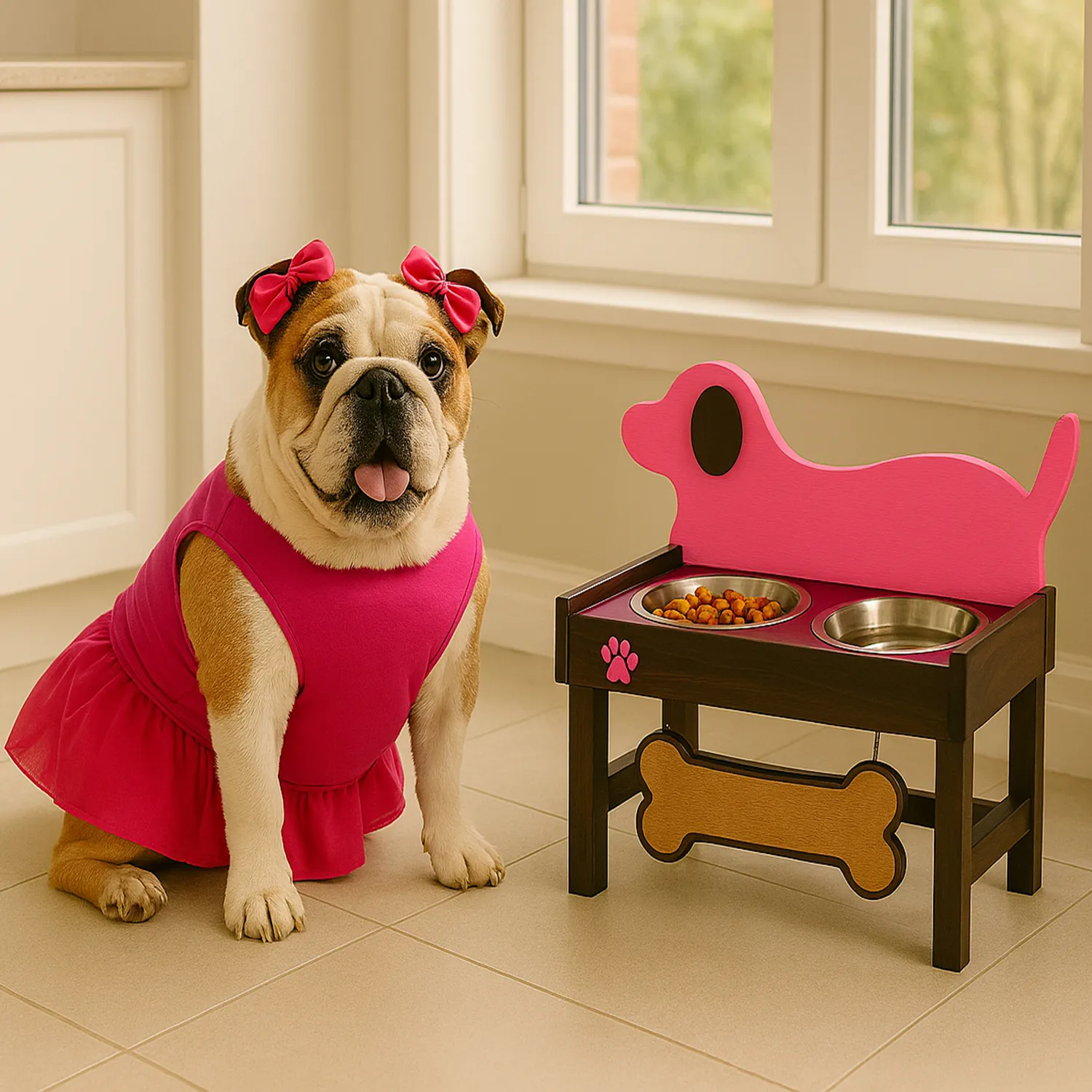 Comedero Para Perro Prinss M Pino-Platos Metalicos Rosa/Café Madelau