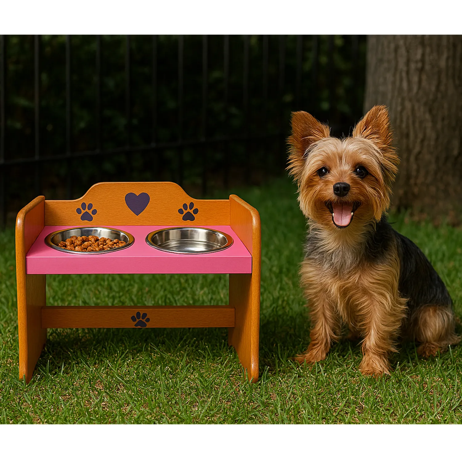 Comedero Para Perro Huellas S Pino-Platos Metalicos Rosa Madelau