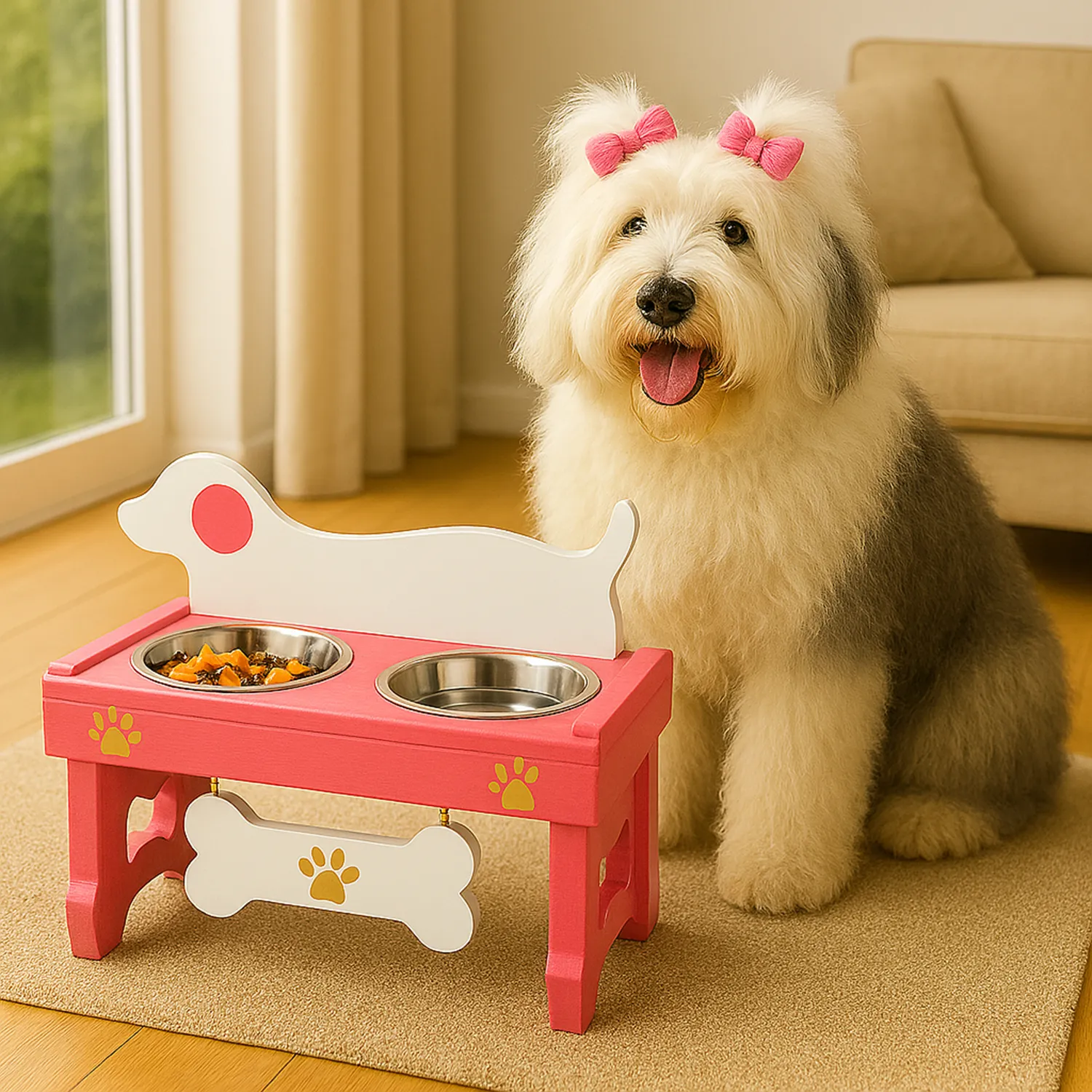 Comedero Para Perro Prinss L Pino-Platos Metalicos Rosa/Blanco Madelau