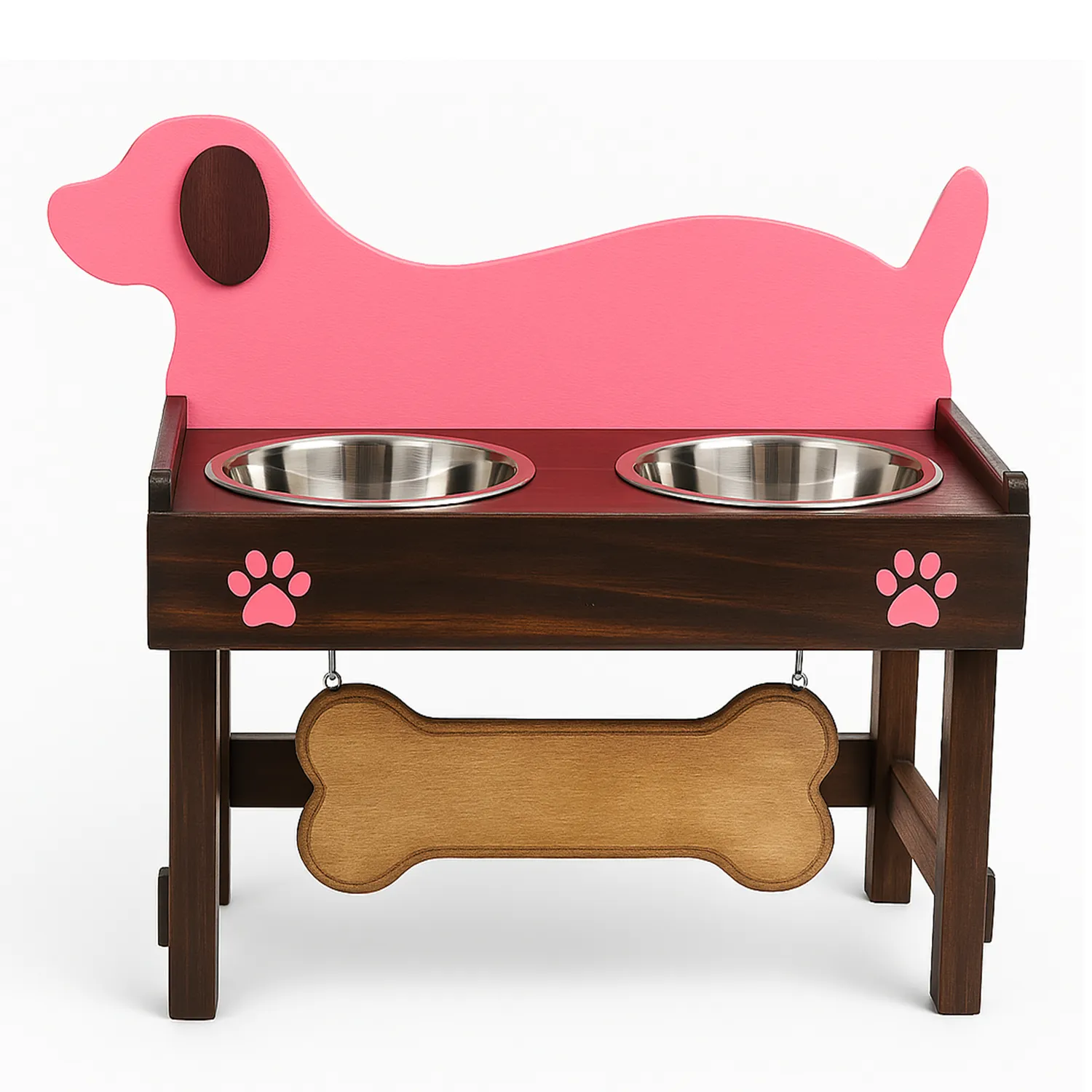 Comedero Para Perro Prinss S Pino-Platos Metalicos Rosa/Café Madelau