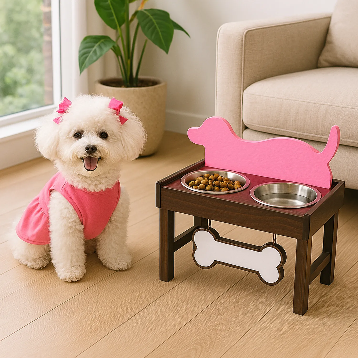Comedero Para Perro Prinss S Pino-Platos Metalicos Rosa/Café Madelau