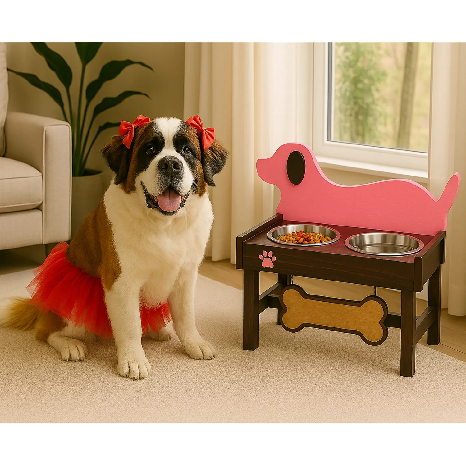 Comedero Para Perro Prinss L Pino-Platos Metalicos Rosa/Café Madelau